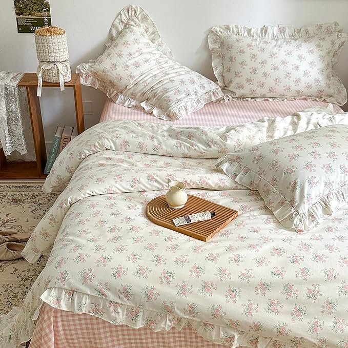 mixinni Pink Floral Duvet Cover Set Queen Size - 100% Cotton Ruffle Lace Bedding Set for Girls, Romantic Cottagecore Style Duvet Cover with Zipper Closure, Soft Aesthetic Princess Bedding-Queen