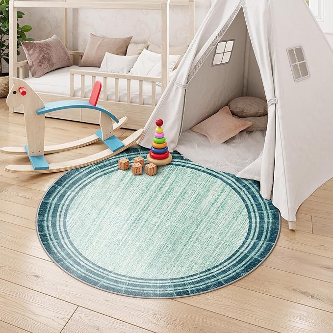 Lahome Abstract Round 4ft Entryway Rug, Washable Teal Entry Rugs Non Slip Circle Kitchen Carpet, Minimalist Border Dining Room Rug Indoor Room Carpet for Under Chair Coffee Table Entrance Mats