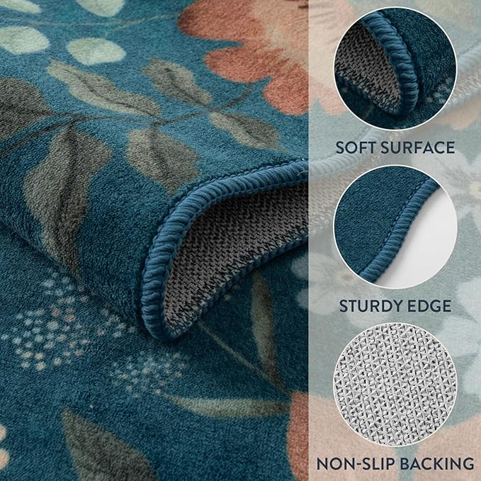 Lahome Floral Washable 6x9 Area Rugs, Soft Bedroom Rug for Living Room Ultra-Thin Non Slip Dining Room Rug, Stain Resistant Boho Blue Rugs Easy Clean Throw Carpet for Office(6'x9',Navy Blue)