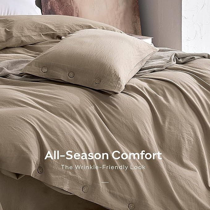JELLYMONI 100% Washed Cotton Duvet Cover Queen – Soft, Breathable Linen-Look Bedding with Natural Wrinkle Texture, Button Closure, 3-Piece Set (Dusty Khaki, 90"x90")
