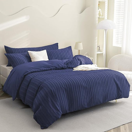 JELLYMONI Duvet Cover Full Size Navy Blue - 3PCS Boho Striped Duvet Cover Set Polyester Tufted Bohemian Textured Comforter Cover 80×90in with Corner Ties & Zipper and 2 Pillowcases
