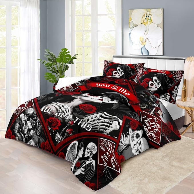 Red Skull Comforter Set King Size Women Men Black Goth Bedding Set Girls Gothic King Size Comforter Couple Red Rose Couple Bedding Boho Skull Quilt Bedroom Decor