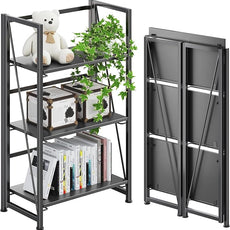 4NM No Assembly Folding Bookshelf Storage Shelves 3 Tiers Vintage Bookcase Standing Racks Study Organizer Home Office (All Black)