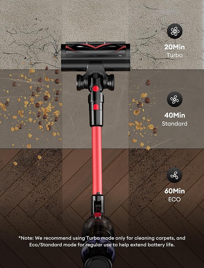 Ultenic Cordless Vacuum Cleaner, 550W/50Kpa, 60Mins Runtime, Stick Vacuum Cordless with 180°Bendable Wand, Anti-Tangle Brush, Vacuum Cleaners for Home/Pet Hair/Carpet/Floor (Red)