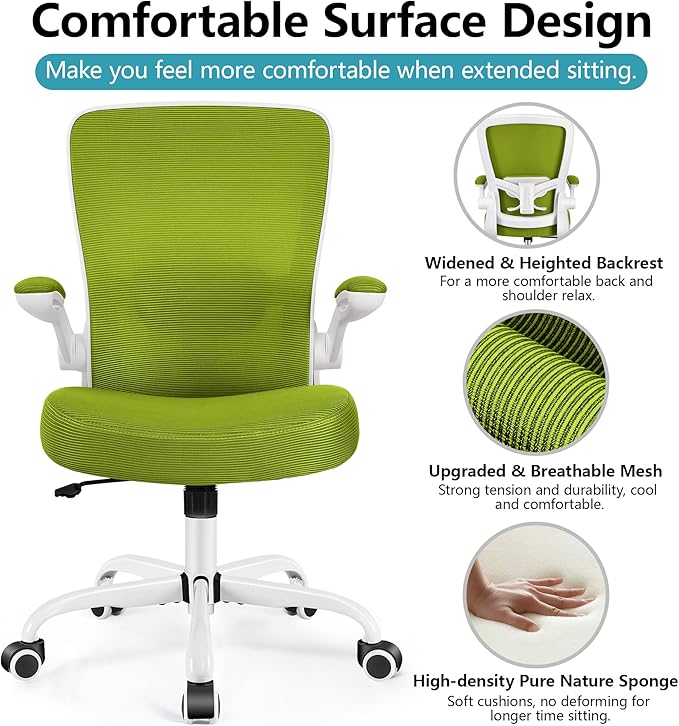 FelixKing Office Chair, Ergonomic Desk Chair Breathable Mesh Chairs Adjustable High Back Lumbar Support Flip-up Armrests, Executive Rolling Swivel Comfy Computer Chairs Home Office Avocado Green