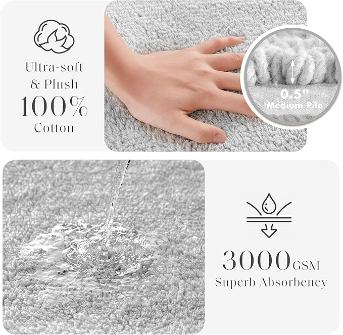 Madison Park Splendor Reversible 100% Cotton Tufted Bathroom Rug-3000 GSM Hotel Quality Luxurious Plush Medium Pile Bath Mat Absorbent, Quick Dry, Shower Room Décor, 24x36 Grey