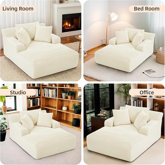 Oversized Chaise Lounge Chair Indoor Corduroy Sofa Bed with Throw Pillows Recliner Chair Comfy Large Deep Seat Sofa Couch for Living Room, Bedroom, Apartment (White)