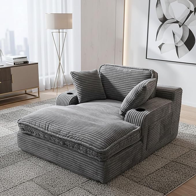 67" Oversized Chaise Lounge Chair Indoor, Soft Boneless Cloud Couch with 3 Pillows, 4 Side Pockets and 2 Cup Holders, Comfy Corduroy Sleeper Couch for Living Room Bedroom, Gray