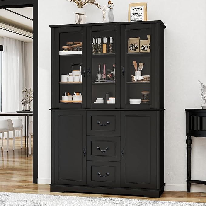 70.9" Tall Bookcase Display Storage Cabinet Hutch with Glass Doors & Drawers - Curio Display Bookshelf Kitchen Pantry for Home, Kitchen, Living Room.