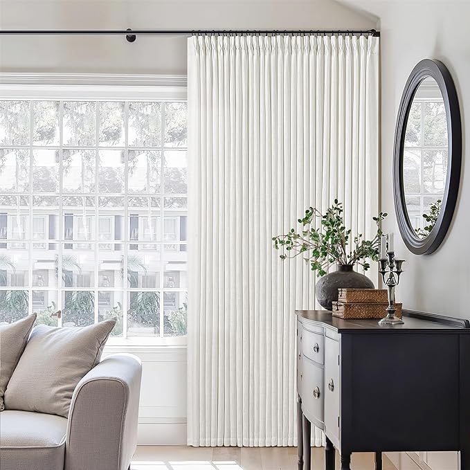 Pinch Pleated Linen Curtains 96 Inches Long for Living Room Bedroom Light Filtering Boho Window Drape 96 inch 2 Panels with Hooks Rings 8ft Cream Beige White Sliding Glass Door Semi Sheer Curtain