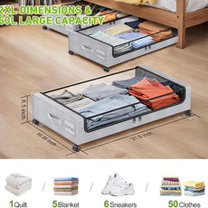 Beborxue Under Bed Storage with Wheels, 4-Pack Underbed Storage Containers with Clear Lids, XXL 60L Under the Bed Storage Organizer Bins, Rolling Under Bed Metal Drawer for Clothes,Shoes,Toys (Gray)
