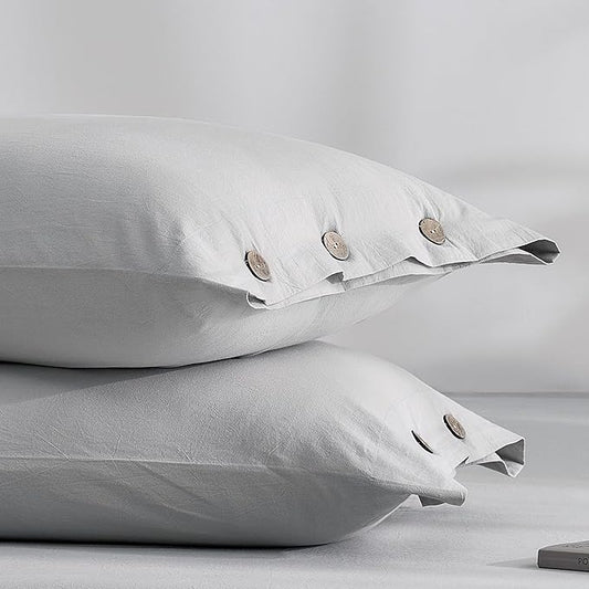 JELLYMONI 100% Washed Cotton Standard Pillowcases Set, 2 Pack Linen-Like Texture Breathable Pillow Covers with Button Closure,Pale Grey Standard 20"×26"(Pillows are not Included)