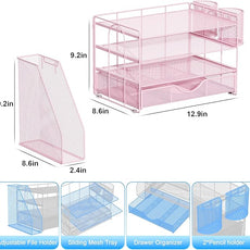 gianotter Desk Organizers and Accessories with File Holder, 4-Tier Desk Accessories & Workspace Organizers with Drawer and 2 Pen Holder, Paper Organizer for Office Supplies (Pink)