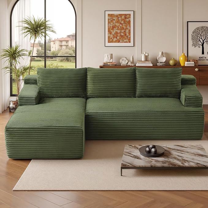 96''Sectional Couches for Living Room,Modern Modular Sectional Sofa,Upholstered Boneless Couch with Pockets,Comfy Cloud Couch with L Shaped Chaise (Green, 96''W Left Facing Chaise)