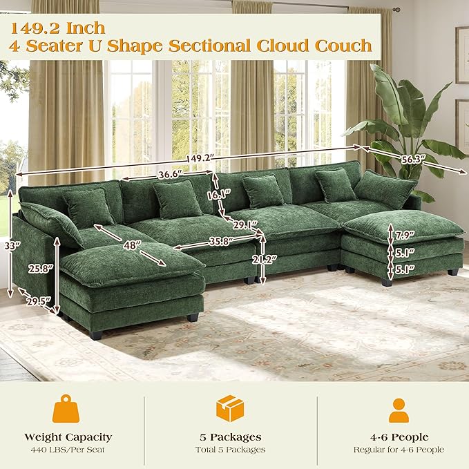 149.2" Modular Sectional Sofa,U Shaped Couch for Living Room,Modern Deep Seat Sofa 3 Seater Chenille Fabric Comfy Cloud Couches with Throw Pillows & Movable Ottoman