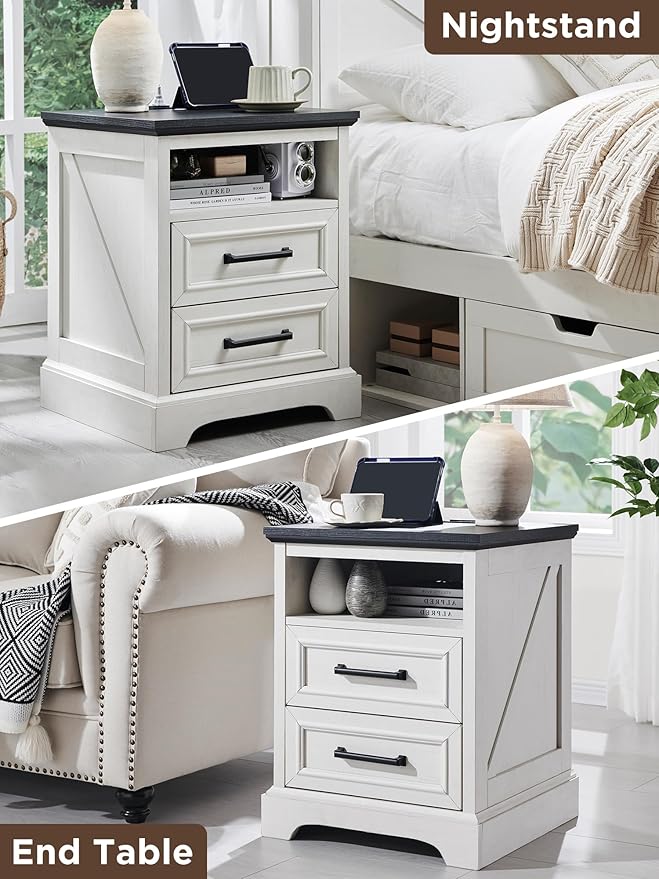 ACCOHOHO 18" Farmhouse Nightstand Set of 2 with Charging Station,End Table with 2 Drawers Storage,Side Table,Bedside Cabinet for Bedroom,Living Room, Withe