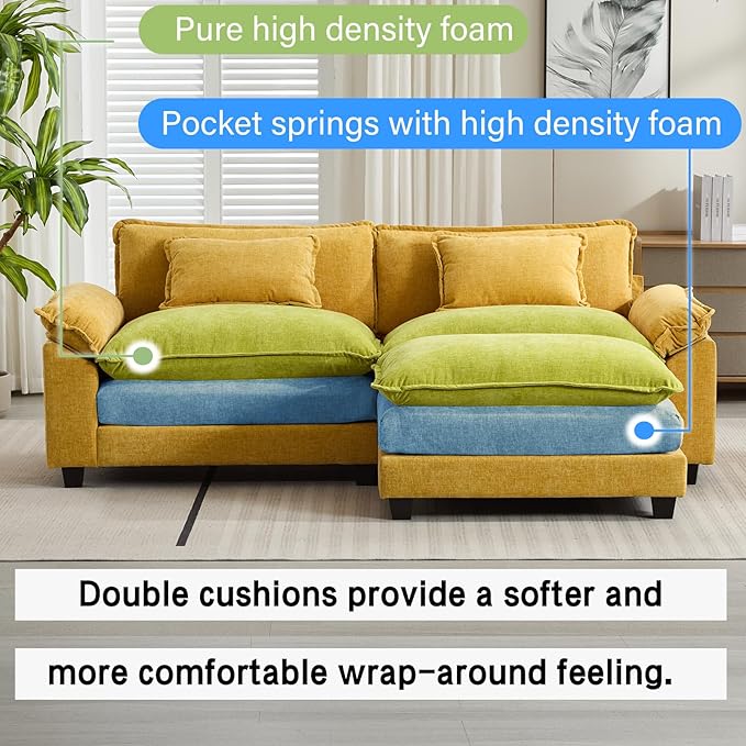 86" Modular Sectional Sofa, Comfy Cloud Couch Sectional Sofa with Ottoman, Chenille Sofa Sleeper Deep Seat Sofa with Throw Pillows for Living Room (Yellow, 86"- L Shape)