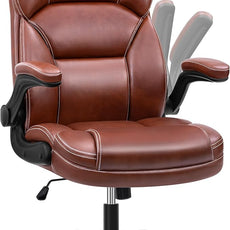 PU Leather Executive Office Chair, Ergonomic Mid-Back Computer & Gaming Chair with Adjustable Height, Rolling Swivel & Flip-Up Armrests, Comfy Padded Seat for Home Office-Brown