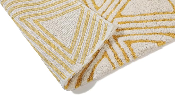 Organic Cotton Bathroom Rug, Luxury Non Slip Ultra Soft & Water Absorbent | Triangles Design Premium Bath Rug | Perfect for Tub & Shower, Toilet Floor Door Bath Mat (32"x20" Ivory & Yellow Ochre)
