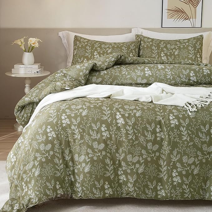 Floral Duvet Cover Twin Size Girl Olive Green Duvet Cover Set with Zipper Closure Soft Cotton Twin Comforter Cover 3 Piece Garden Bedding Set with Boho Leaves Aesthetic Bedding Duvet Cover Set