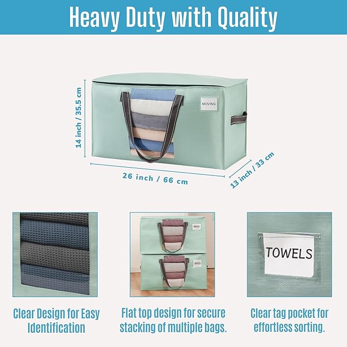 VENO 10 Pack Moving Bags, Christmas Storage Bins, Moving Boxes Alternative, Comforter and Blanket Storage Bags, College Dorm Packing Supplies, Foldable Heavy-Duty Tote (Light Green Matte, 10 Pack)