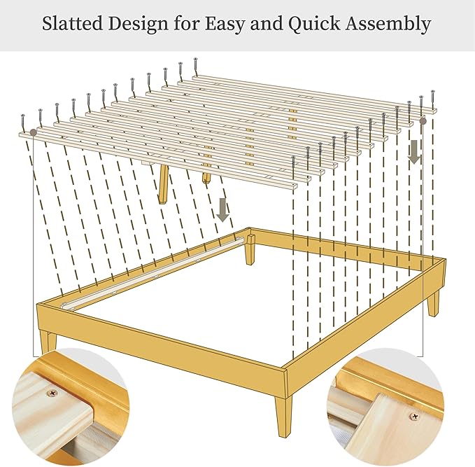 Yaheetech Queen Bed Frame Natural Solid Wood Platform Bed with Wooden Slats Support, 7.3-inch Underbed Space for Storage, Noise-Free Design, Easy Assembly, Natural Wood Finish