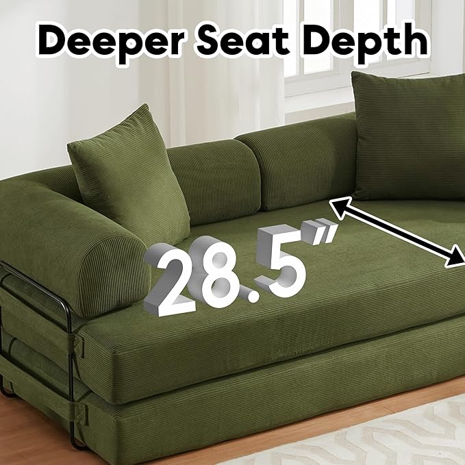 Convertible Sleeper Sofa Bed with Cylindrical Pillow, Corduroy Folding Mattress Couch with Fixed-Shape Frame, Floor Sofa Lounge Couch for Living Room Bedroom Lounge Studio-Green