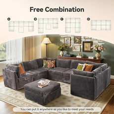 Large 8 Seat Modular Sectional Sofa with Ottoman Seat Corduroy Sleeper Sectional Sofa Bed Oversized Convertible Modular Couch for Living Room
