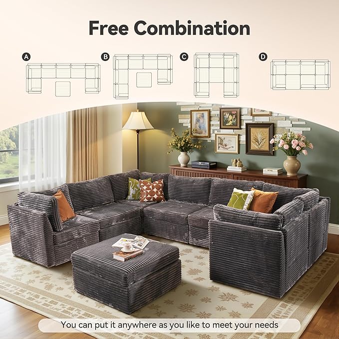 Large 8 Seat Modular Sectional Sofa with Ottoman Seat Corduroy Sleeper Sectional Sofa Bed Oversized Convertible Modular Couch for Living Room