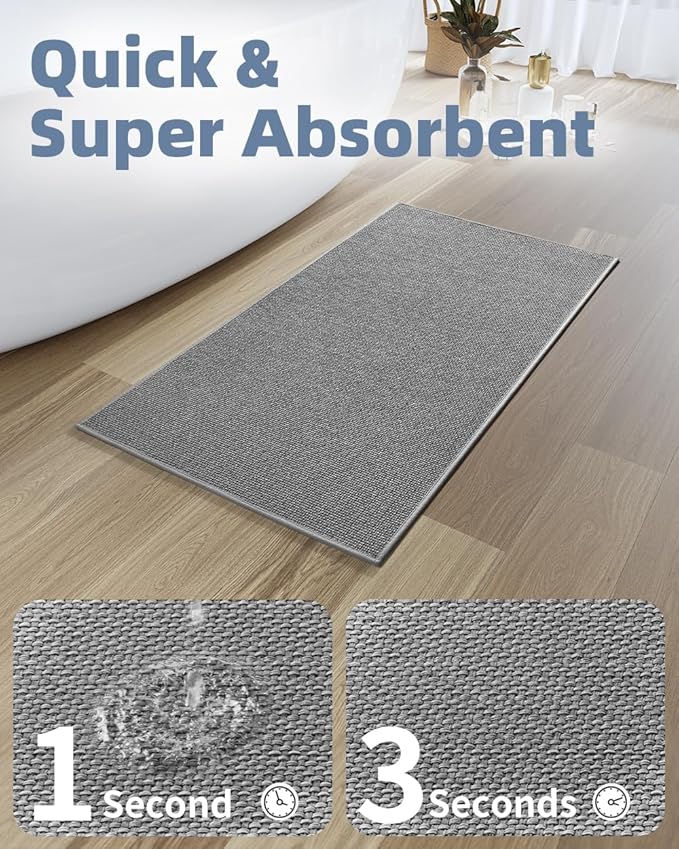 PADOOR Non-Slip Bath-Mats for Bathroom, Rubber-Backing Braided Absorbent Bathroom Mat Machine Washable Thin Bathroom Rugs Fit Under Door Quick Dry Bath Rugs for Floor, 17''x30'' Grey