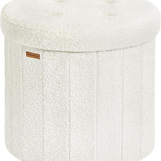 SONGMICS Mazie Collection - Round Storage Ottoman, Folding Footrest Stool with Removable Lid, Easy Assembly, Teddy Fleece Vanity Stool for Bedroom, Living Room, Entryway, Cream White ULSF606W01