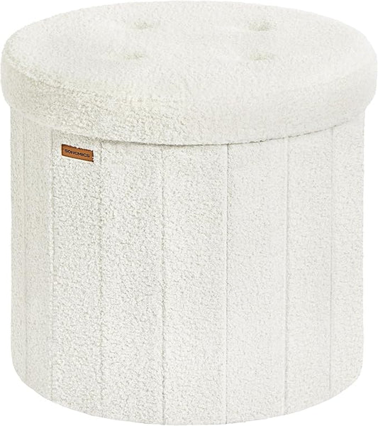 SONGMICS Mazie Collection - Round Storage Ottoman, Folding Footrest Stool with Removable Lid, Easy Assembly, Teddy Fleece Vanity Stool for Bedroom, Living Room, Entryway, Cream White ULSF606W01