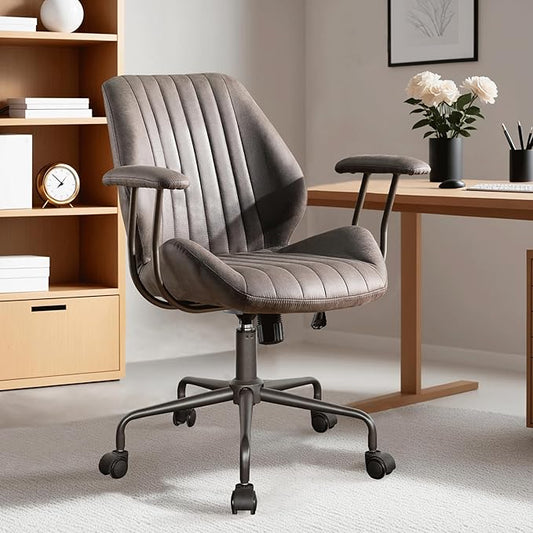 ovios Ergonomic Office Chair, Mid Back Faux Leather Executive Chairs with Armrests, Comfy Mid-Century Modern Swivel Rolling Computer Armchair (Dark Grey, Suede Leather)