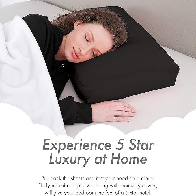 PILLOWY Premium Microbead Bed Pillow, Small Extra Fluffy But Supportive - Ultra Comfortable Sleep with Silk Like Anti Aging Cover 85% Spandex/ 15% Nylon Breathable, Cooling Matte Black