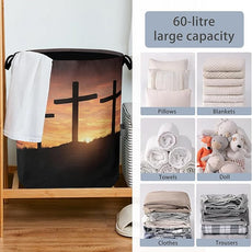 Cross Sunset Laundry Basket,Foldable with Handles Tote Bag Oxford Cloth for Bathroom Bedroom Dirty Clothes Storage Bucket 16