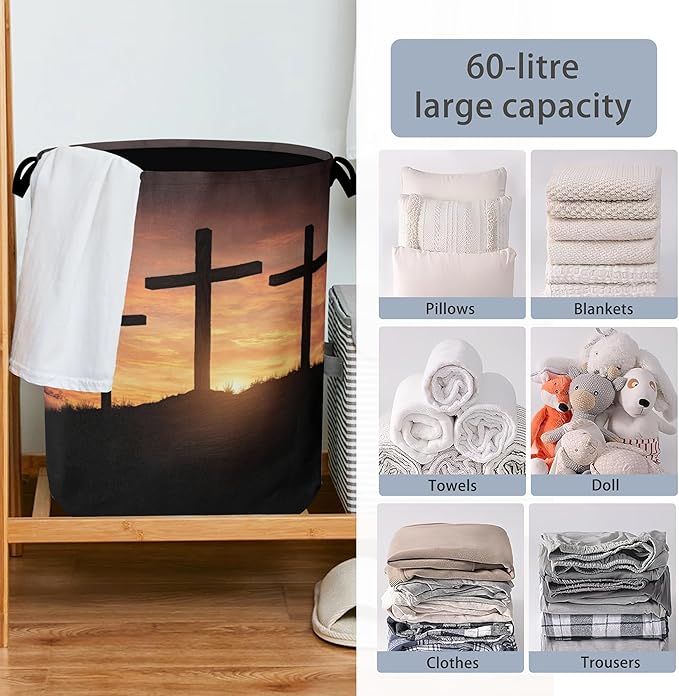 Cross Sunset Laundry Basket,Foldable with Handles Tote Bag Oxford Cloth for Bathroom Bedroom Dirty Clothes Storage Bucket 16" x 20.8"