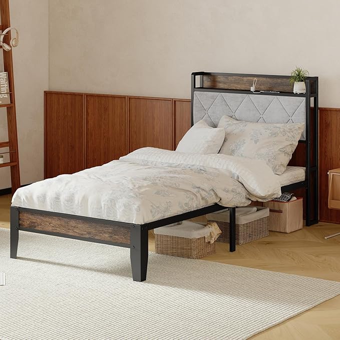 Sweetcrispy Twin Bed Frame with Headboard, Storage Headboard with USB Charging Station, Durable Squeak-Free Frame, Simple No-Tool Assembly,Works with Twin Mattress No Box Spring Needed