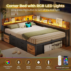 VIAGDO Corner Bed Frame Full with Storage Bookcase and 6 Drawers, Metal Platform Corner Bed Frame with LED Lights and Charging Station, Full Daybed for Kids Teenagers, Rustic Brown & Black