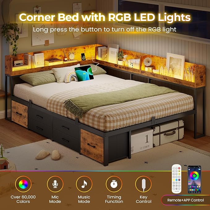 VIAGDO Corner Bed Frame Full with Storage Bookcase and 6 Drawers, Metal Platform Corner Bed Frame with LED Lights and Charging Station, Full Daybed for Kids Teenagers, Rustic Brown & Black