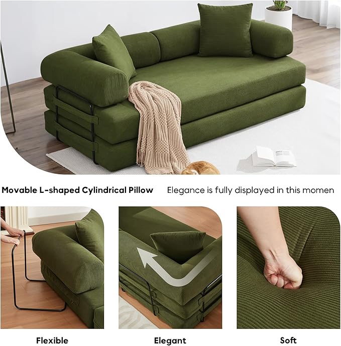 Convertible Sleeper Sofa Bed with Cylindrical Pillow, Corduroy Folding Mattress Couch with Fixed-Shape Frame, Floor Sofa Lounge Couch for Living Room Bedroom Lounge Studio-Green