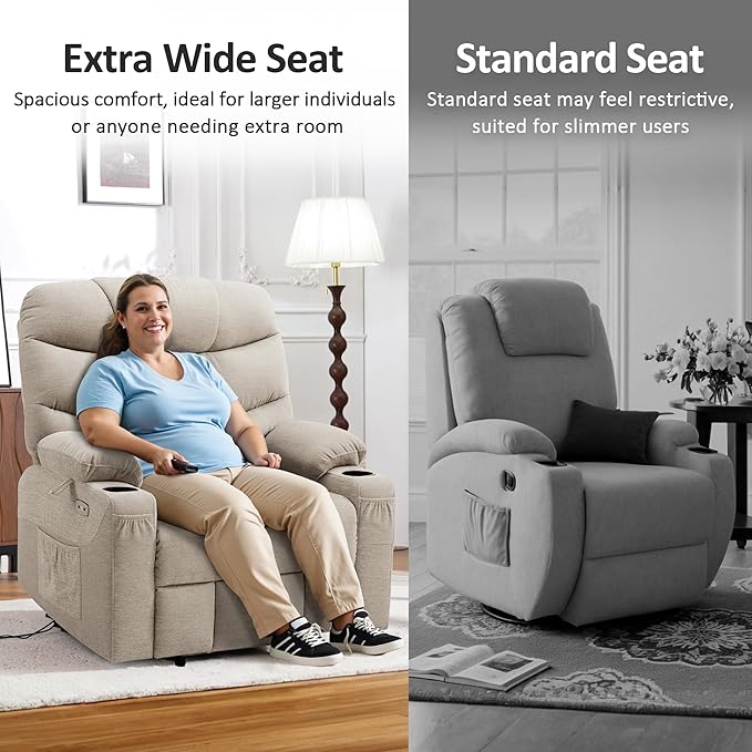 MCombo Oversized Power Lift Recliner Chair with Extended Footrest, Extra Wide 27.2" for Big and Tall Elderly People, Fabric R7289 (Oatmeal, Medium-Oversize)