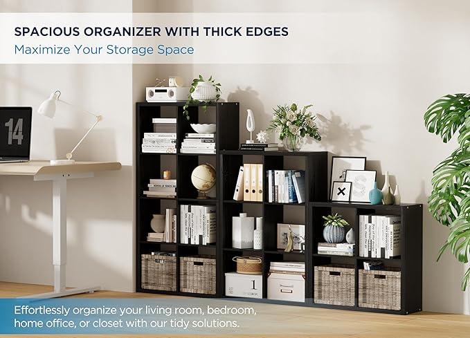 4 Cube Storage Organizer, 2x2 Cube Bookshelf, Cubby Storage Shelf, Wooden Organizer Shelf with Thickened Boards, for Closet Bedroom Home Office Living Room, 25.12" L x 9.37" W x 25.12" H, Black