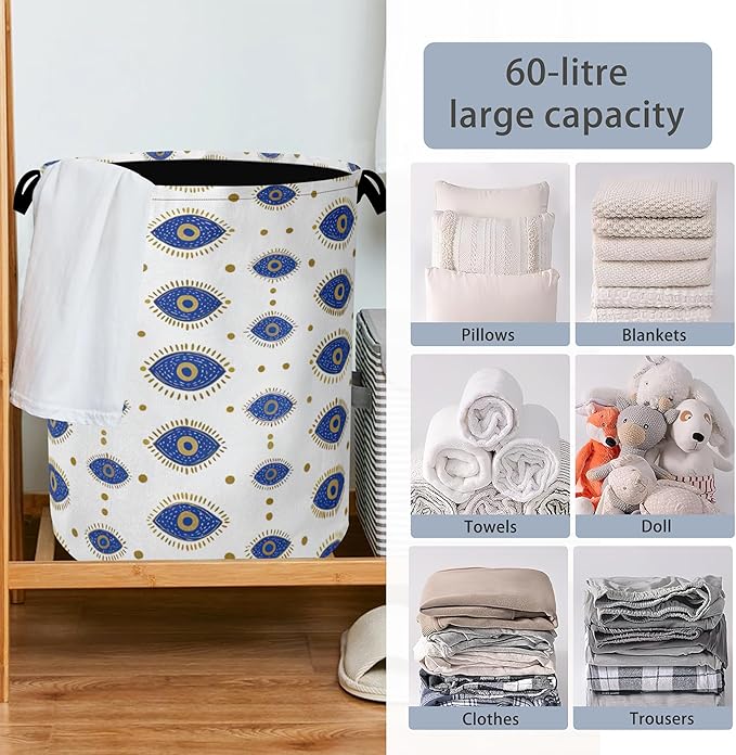 Evil Eyes Laundry Basket,Foldable Oxford Cloth Tote Bag Laundry Hamper Clothes Storage Bucket Organizer for Bedroom Laundry Storage Dormitories 16" x 20.8"