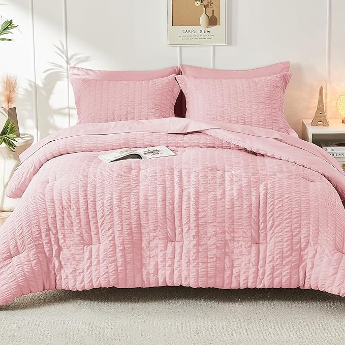 HYMOKEGE Pink California King Comforter Set Seersucker 7 Pieces, All Season Luxury Bed in a Bag for Bedroom, Bedding Set with Comforters, Sheets, Pillowcases & Shams
