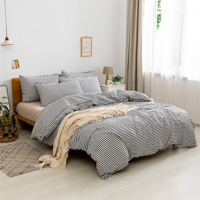JELLYMONI 100% Natural Cotton 3pcs Striped Duvet Cover Sets,White Duvet Cover with Black Stripes Pattern Printed Comforter Cover,with Zipper Closure & Corner Ties(Queen Size)