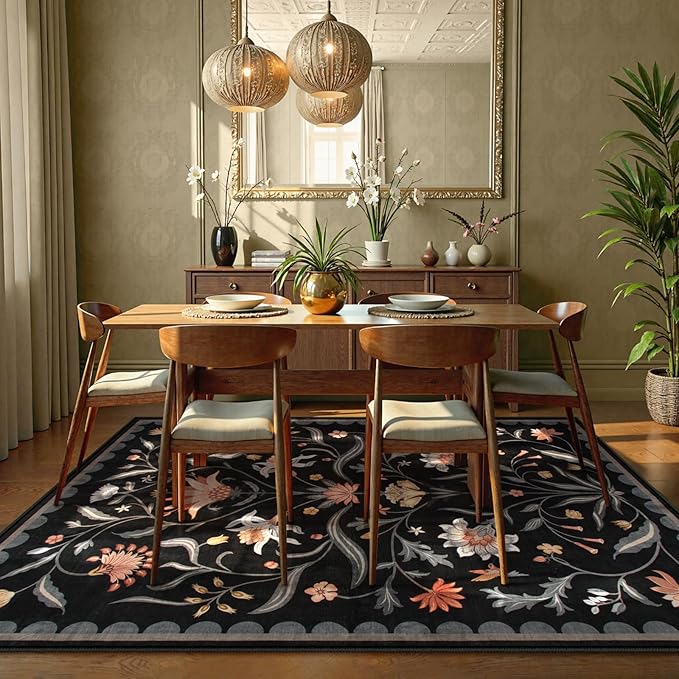 Lahome Boho Floral Washable Black 5x7 Area Rugs for Living Room, Non Slip Rugs for Bedroom Entryway, Indoor Ultra-Thin Throw Dining Room Carpet for Under Table Kitchen Dorm(Black,5x7)