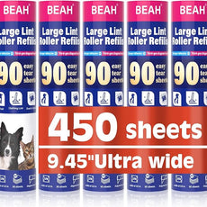 BEAH Lint Roller Refills (5 Packs 450 Sheets) Lint Rollers for Pet Hair Extra Sticky Refills,9.45 Inch Pet Hair Remover,Lint Roller Cleaning for Clothes,Furniture and Carpet,Easy to Tear
