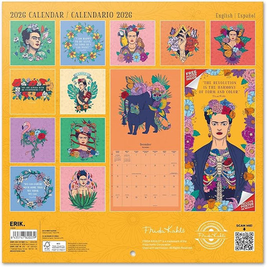 Frida Kahlo Wall Calendar 2026 12" x 12" FSC® Plastic Free - Starts Week On Sunday | Family Planner Art Calendar 2026 | Frida Kahlo Gifts