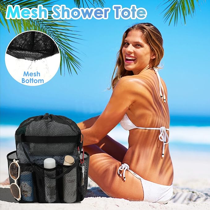 Mesh Shower Caddy Portable with Drawstring, Dorm Room Essentials for College Girls Guys, 8-Pocket Extra Large Shower Bag Basket Tote for Camping Beach Gym Travel Toiletry Bathroom