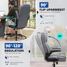 PU Leather Executive Office Chair, Ergonomic High-Back Computer & Gaming Chair with Adjustable Height, Rolling Swivel & Flip-Up Armrests, Comfy Padded Seat for Home Office-Gray